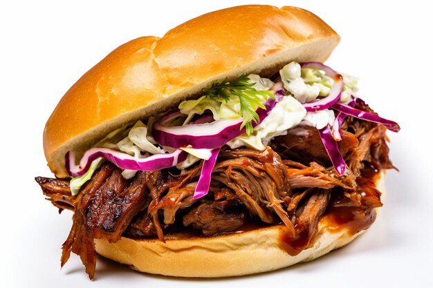 Foto saboroso pulled pork creation sanduíche delícia em fundo branco