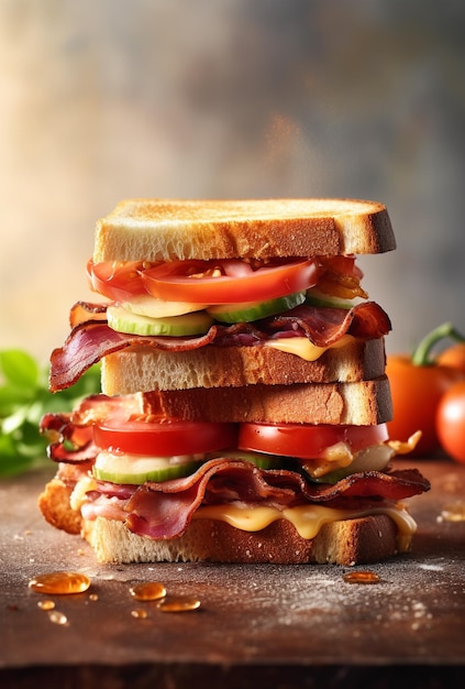 Saboroso sanduíche com queijo presunto e legumes em fundo rústico