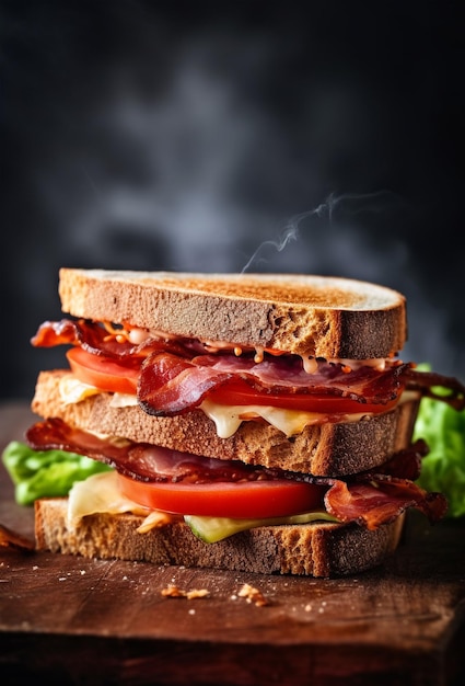 Saboroso sanduíche com queijo presunto e legumes em fundo rústico