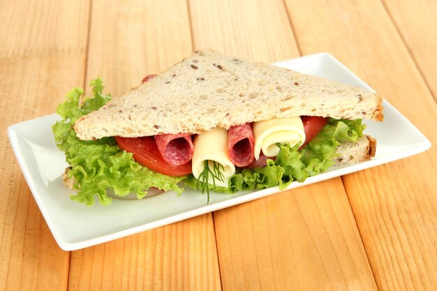 Saboroso sanduíche com salame e legumes na chapa branca sobre fundo de madeira