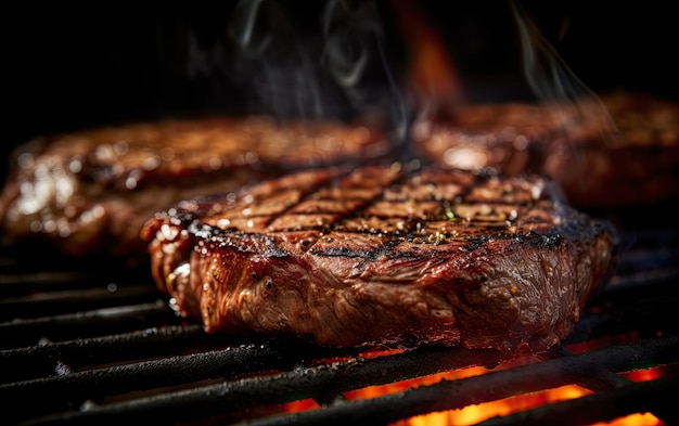 Saborosos bifes de carne assada cozinhando sobre a grelha com chamas