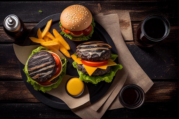 Saborosos cheeseburgers com batatas fritas e molhos em fundo escuro de madeira generativa ai