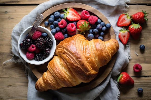 Saborosos croissants com frutas frescas na mesa de madeira