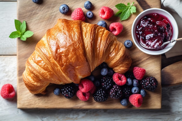 Saborosos croissants com frutas frescas na mesa de madeira