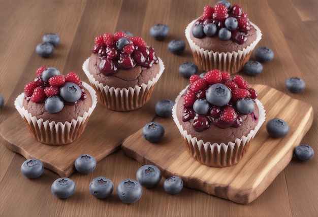 Saborosos muffins de cupcake com frutas frescas de mirtilo na mesa de madeira