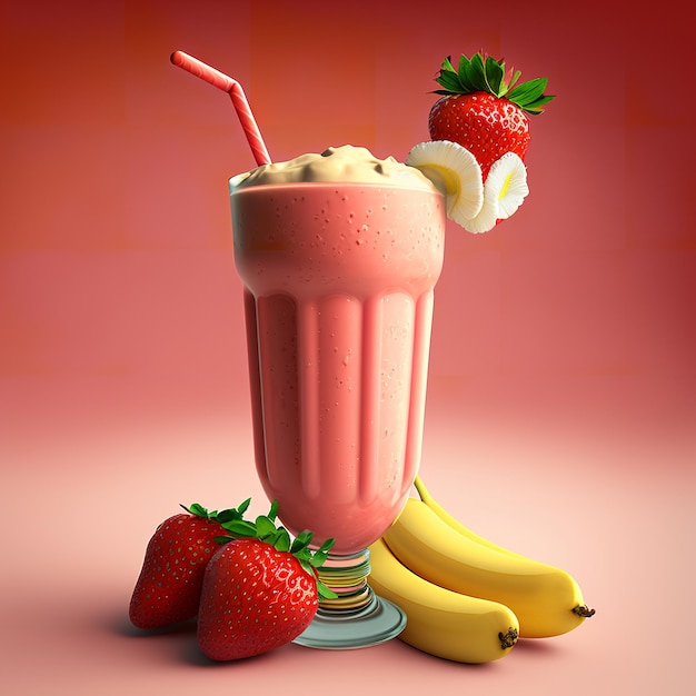 Saborosos smoothies de banana e morangos em um copo com frutas ao redor do copo no fundo rosa