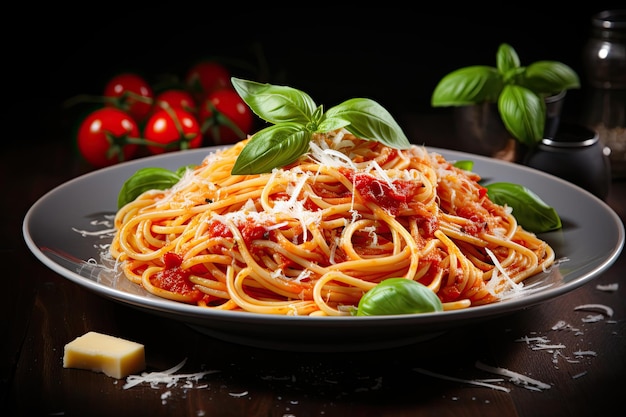 Sabrosa y apetitosa pasta de espagueti italiana clásica con salsa de tomate, queso parmesano y albahaca