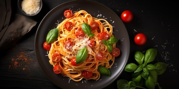 Sabrosa y apetitosa pasta italiana clásica de tagliatelle con salsa de tomate, queso parmesa, IA generativa