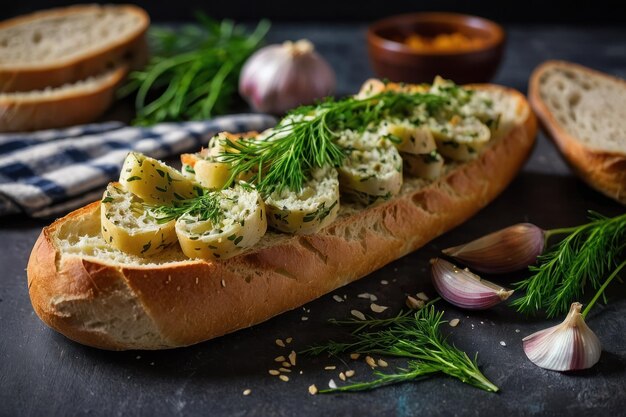 Sabrosa baguete con ajo y eneldo de cerca