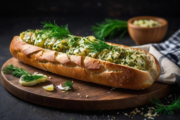 Sabrosa baguete con ajo y eneldo de cerca