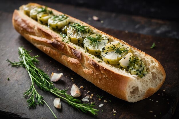 Sabrosa baguete con ajo y eneldo de cerca