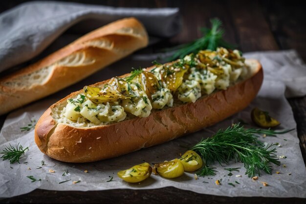 Sabrosa baguete con ajo y eneldo de cerca