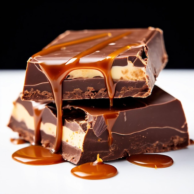 sabrosa barra de chocolate dividida en dos piezas deliciosa crema de caramelo y cacahuetes en el fondo blanco