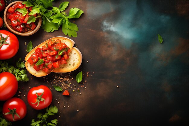 Sabrosa bruschetta con tomate, alcaparras, ajo, hojas de albahaca, tomillo, ajo y hierbas