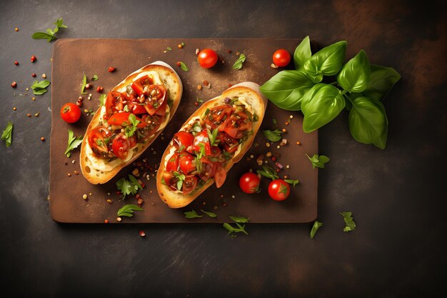 Foto sabrosa bruschetta con tomate, alcaparras, ajo, hojas de albahaca, tomillo, ajo y hierbas