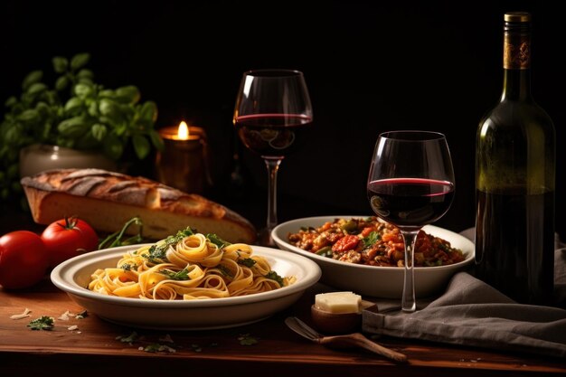 Foto sabrosa cena italiana rica en sabores invitando al vino y al espacio ideal para copiar