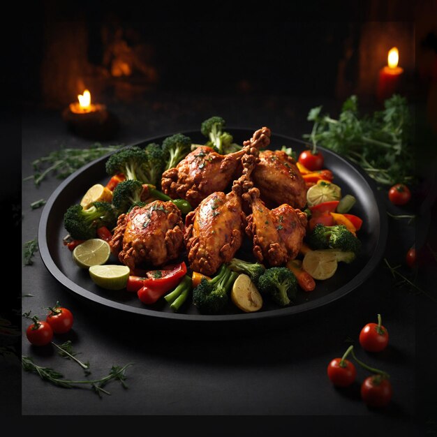 Foto una sabrosa comida de pollo caliente con verduras en el fondo negro