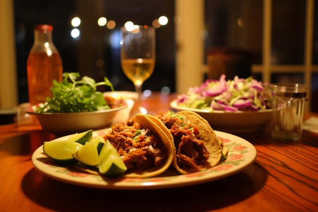 Foto una sabrosa comida de taco con guacamole de carne de res y cilantro fresco generado