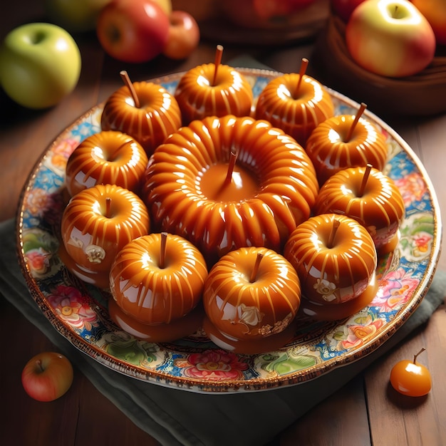 Sabrosa decoración de manzanas acarameladas en un plato diseñado