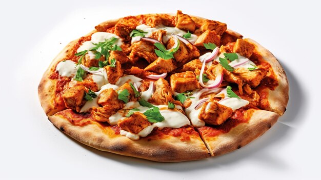 Sabrosa y deliciosa pizza de pollo tikka aislada sobre un fondo blanco