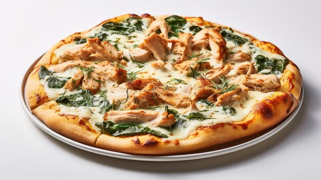 Sabrosa y deliciosa pizza de queso de pollo aislada sobre un fondo blanco