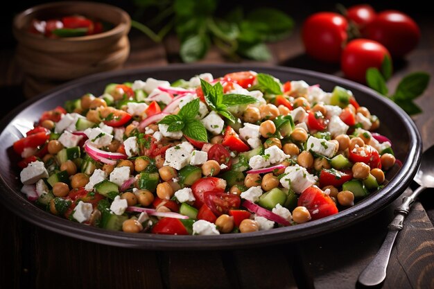 Sabrosa ensalada de chickpea mediterránea con feta y aceitunas