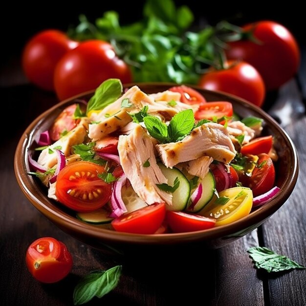 Sabrosa ensalada fresca con pollo y verduras