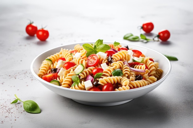 Una sabrosa ensalada de pasta y ingredientes en un fondo claro servidos en un plato