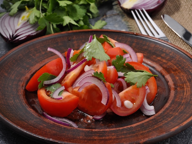 Sabrosa ensalada de tomate y cebolla como plato vegetariano