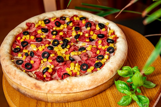 Sabrosa y grande pizza con diferentes tipos de carne Pizza con chorizo jamón maíz y aceitunas
