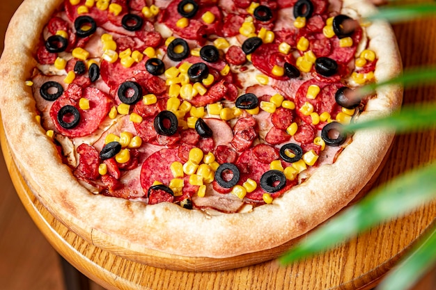 Sabrosa y grande pizza con diferentes tipos de carne Pizza con chorizo jamón maíz y aceitunas