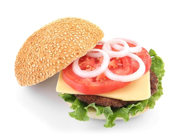 Sabrosa hamburguesa aislada en blanco