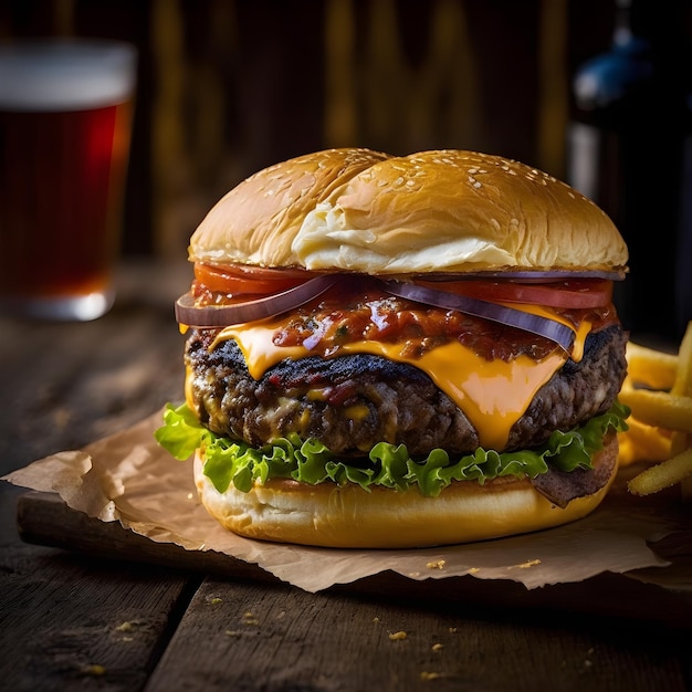 Sabrosa hamburguesa con carne de res y queso cheddar