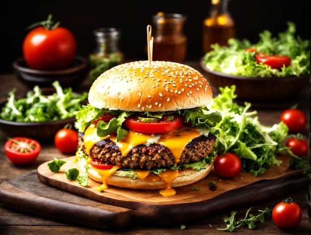 sabrosa hamburguesa con carne, tomates y ensalada verde