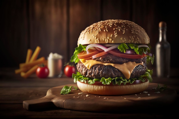 Sabrosa hamburguesa casera en una mesa de madera rústica Espacio de copia Publicidad IA generada Bocadillo de comida rápida