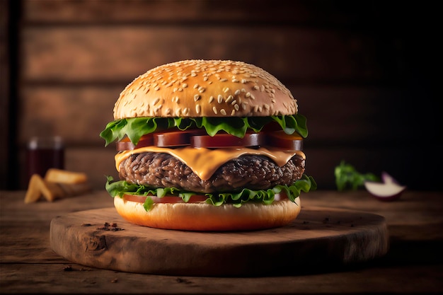 Sabrosa hamburguesa casera en una mesa de madera rústica Espacio de copia Publicidad IA generada Bocadillo de comida rápida