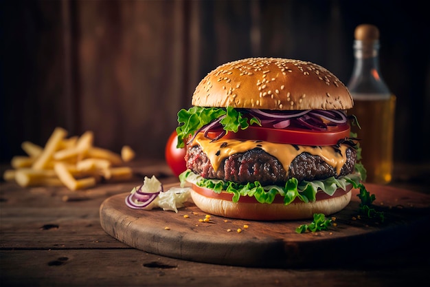 Sabrosa hamburguesa casera en una mesa de madera rústica Espacio de copia Publicidad IA generada Bocadillo de comida rápida