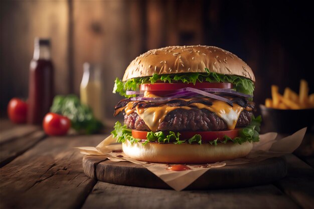 Sabrosa hamburguesa casera en una mesa de madera rústica Espacio de copia Publicidad IA generada Bocadillo de comida rápida