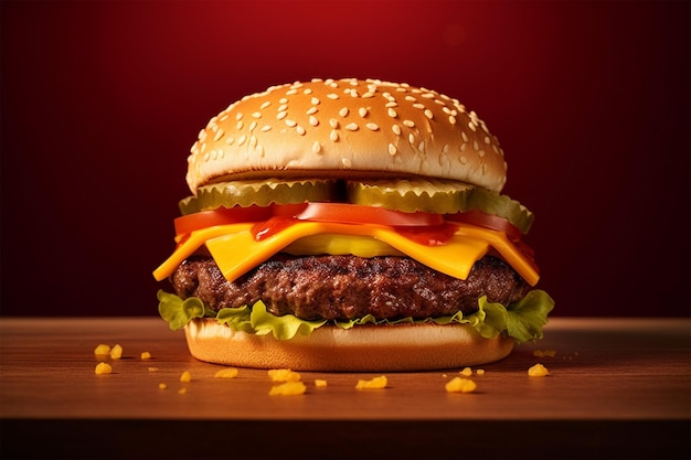 Sabrosa hamburguesa casera en una mesa de madera rústica Espacio de copia Publicidad IA generada Bocadillo de comida rápida