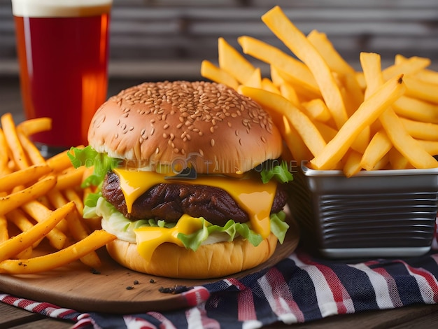 sabrosa hamburguesa con papas fritas y bebida fría