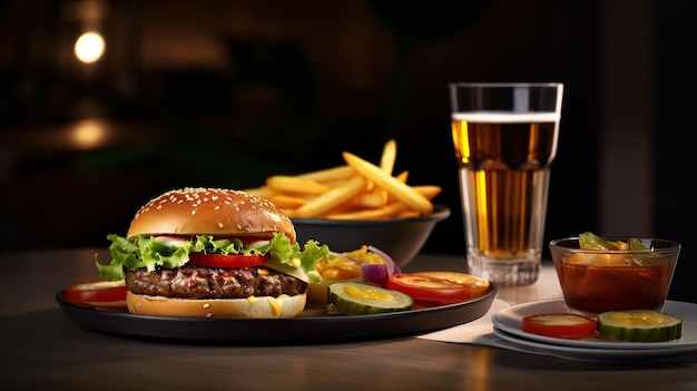 Sabrosa hamburguesa con papas fritas y bebidas en la mesa en el fondo del café concepto de comida rápida