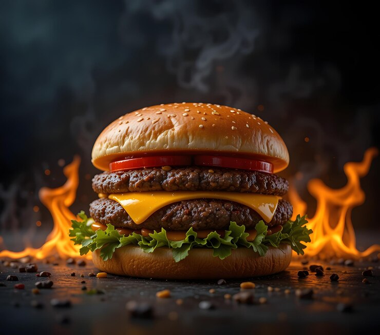 Sabrosa hamburguesa con papas fritas y fuego