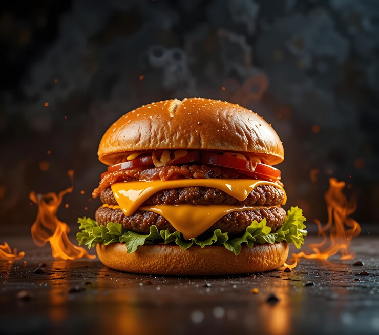 Sabrosa hamburguesa con papas fritas y fuego