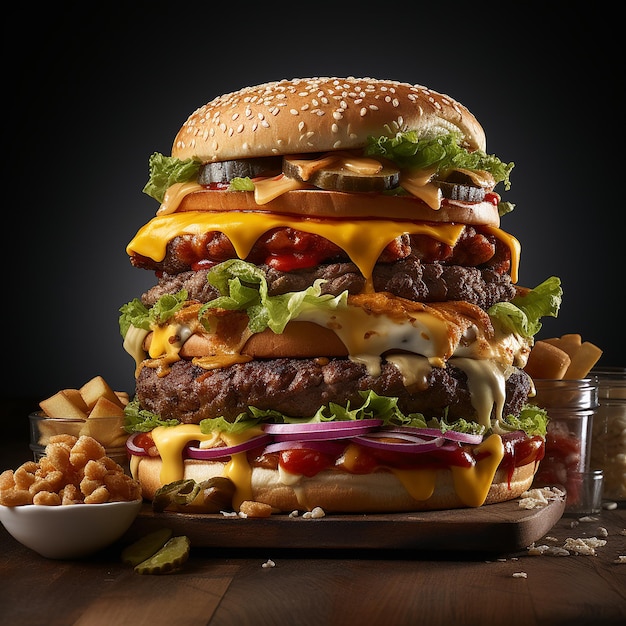 Sabrosa hamburguesa a la parrilla en una tabla de madera