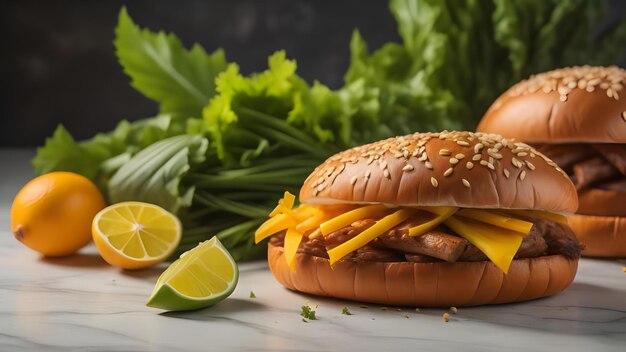 Sabrosa hamburguesa con queso con ingredientes en la mesa de cerca generativa ai