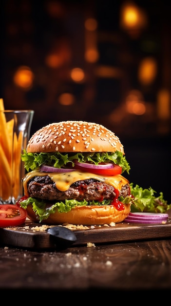 Sabrosa hamburguesa con tomate cebolla en la mesa de madera