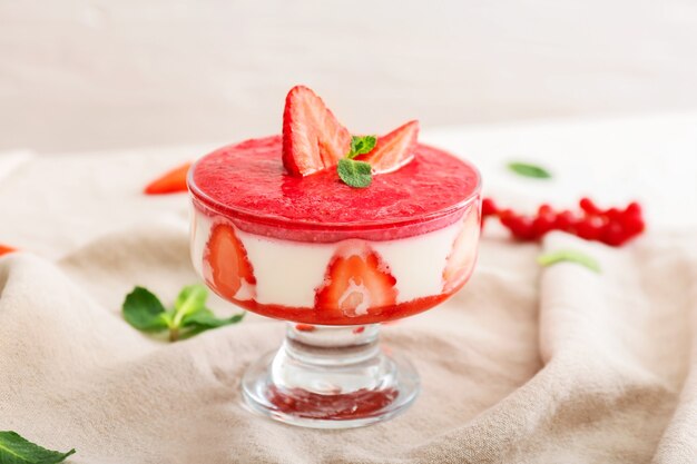 Sabrosa panna cotta en mesa