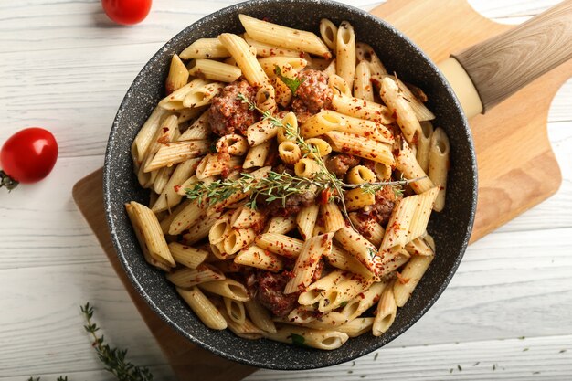 Sabrosa pasta con carne y especias en sartén sobre mesa