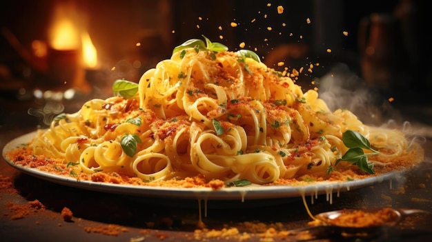 Sabrosa pasta salada con verduras cortadas en un plato sobre un fondo borroso