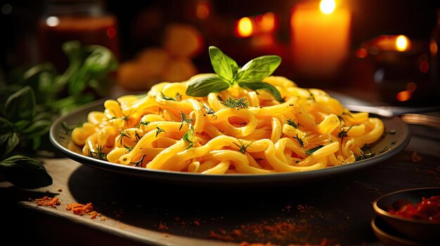 Sabrosa pasta salada con verduras cortadas en un plato sobre un fondo borroso